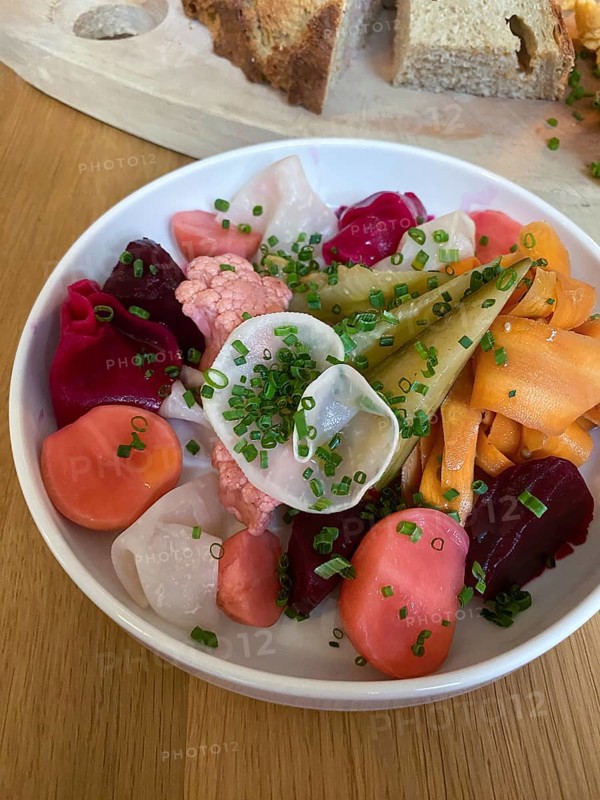 Appetiser, Bowl with pickles, pickled vegetables, bread, Food, Stuttgart, Baden-Württemberg, Germany