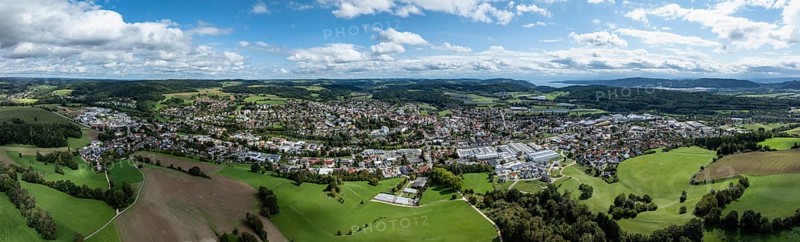 Aerial view, panorama of the town of Stockach in Hegau, Lake Constance on the horizon on the right, district of Constance, Baden-Württemberg, Germany