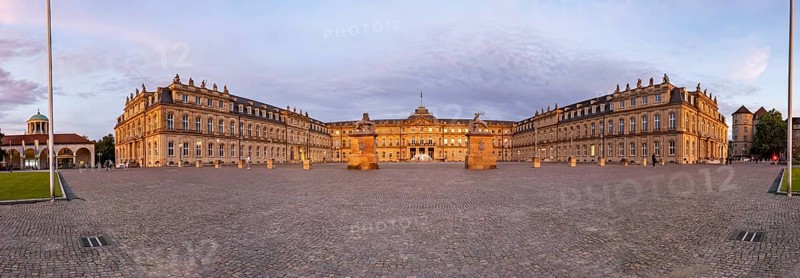 Evening atmosphere at Schlossplatz Stuttgart. View of the New Palace. Panoramic photo. Stuttgart, Baden-Württemberg, Germany