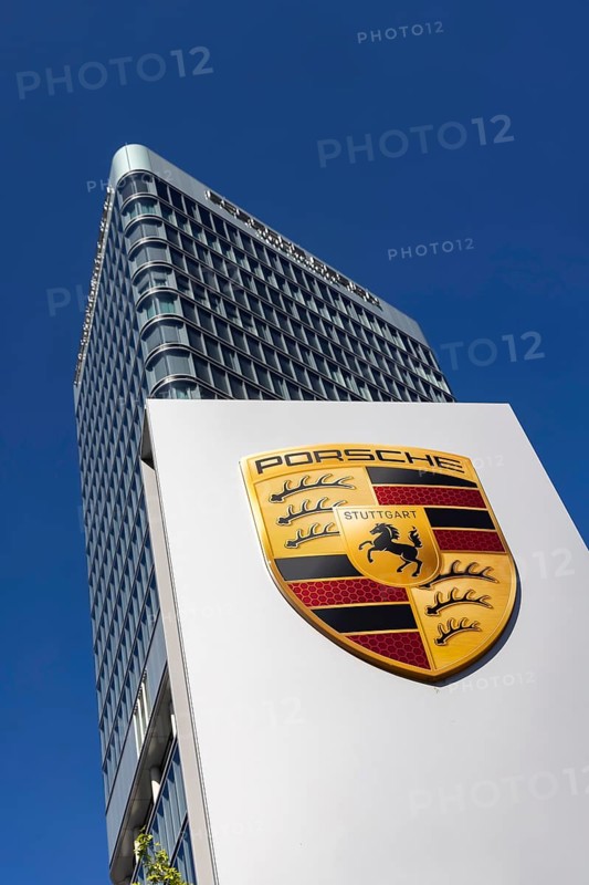 Porsche Centre Stuttgart. Façade with the car manufacturer's logo. Porsche Design Tower. Stuttgart, Baden-Württemberg, Germany