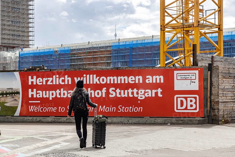 Welcome to Stuttgart Central Station. Banner at the entrance to the platforms. Rail travellers have to take long detours due to the construction work on Stuttgart 21. Stuttgart, Baden-Württemberg, Germany