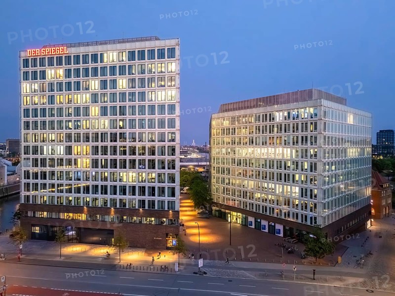 Aerial view of Spiegelhaus at the blue hour, Hamburg, Germany