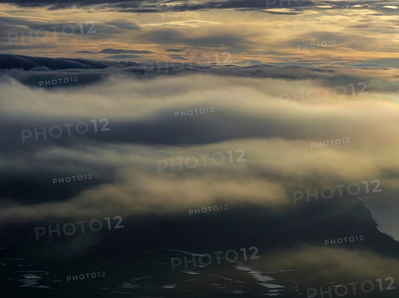 Fog, clouds, morning mood, mountains, aerial view, summer, Höfn, Iceland