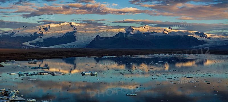 Ice floes, glacier, glacier tongue, fog, clouds, morning mood, mountains, panorama, reflection, aerial view, summer, glacier lagoon, Jökulsarlon, Vatnajökull, Iceland