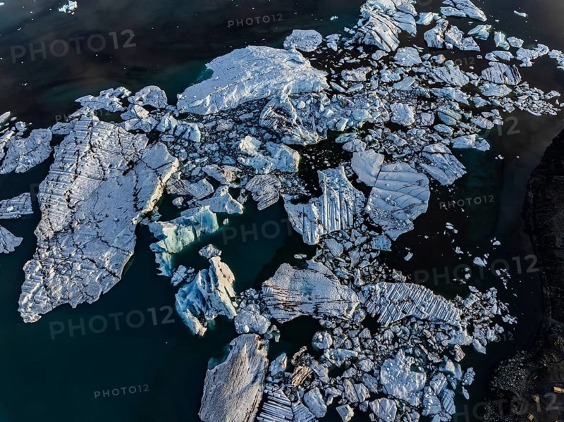 Ice floes, morning mood, reflection, aerial view, summer, glacier lagoon, Jökulsarlon, Vatnajökull, Iceland