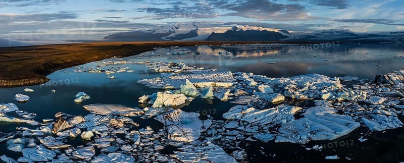 Ice floes, glacier, glacier tongue, fog, clouds, morning mood, panorama, mountains, reflection, aerial view, summer, glacier lagoon, Jökulsarlon, Vatnajökull, Iceland
