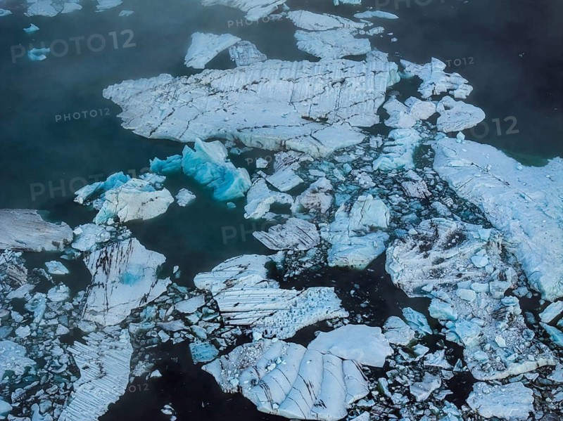 Ice floes, fog, clouds, morning mood, reflection, aerial view, summer, glacier lagoon, Jökulsarlon, Vatnajökull, Iceland