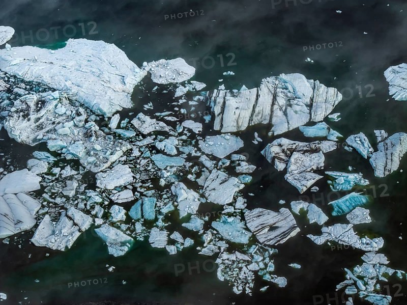 Ice floes, fog, morning mood, reflection, aerial view, summer, glacier lagoon, Jökulsarlon, Vatnajökull, Iceland