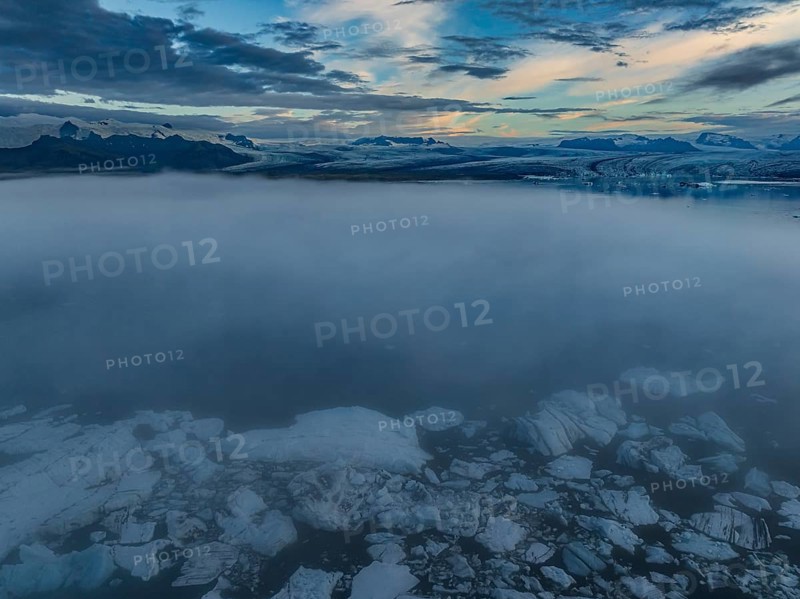 Ice floes, glacier, glacier tongue, fog, clouds, morning mood, reflection, aerial view, summer, glacier lagoon, Jökulsarlon, Vatnajökull, Iceland
