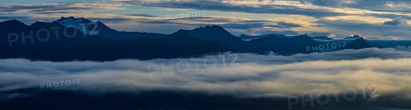 Fog, Clouds, morning atmosphere, Mountains, Aerial view, Panorama, Summer, Höfn, Iceland