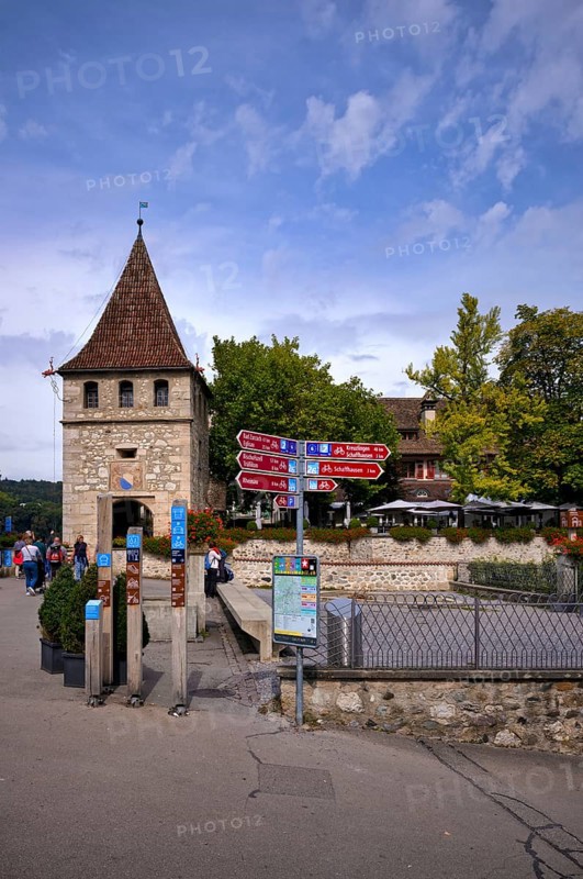 Historic defence defence tower, tower, visitors, tourists, signs, signposts, restaurant, Laufen Castle, Rhine Falls Schaffhausen, waterfall, Laufen-Uhwiesen, Canton Schaffhausen, Switzerland