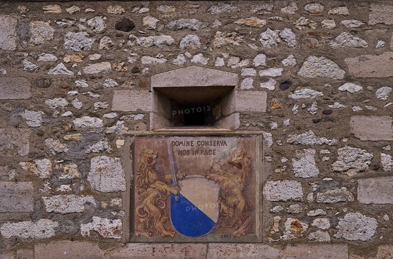 Coat of arms on the historic defence defence tower, tower, Laufen Castle, Rhine Falls Schaffhausen, waterfall, Laufen-Uhwiesen, Canton Schaffhausen, Switzerland
