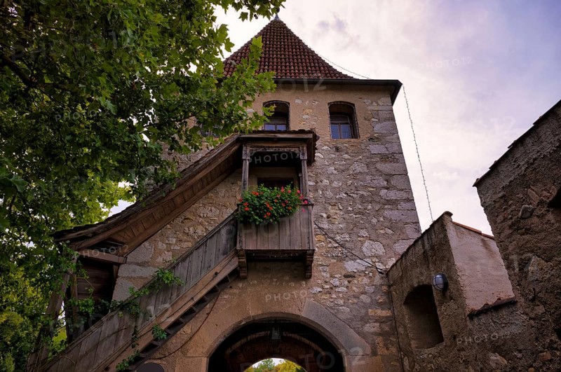 Historic defence defence tower, tower, Laufen Castle, Rhine Falls Schaffhausen, waterfall, Laufen-Uhwiesen, Canton Schaffhausen, Switzerland