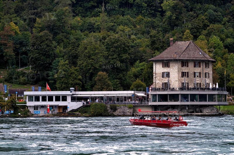 Excursion boat with tourists, Rhine Falls Schaffhausen, waterfall, Panoramarestaurant Schlössli Wörth, Neuhausen, Canton Schaffhausen, Switzerland