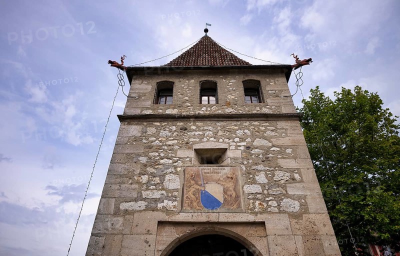 Historic defence defence tower, tower, coat of arms, Laufen Castle, Rhine Falls Schaffhausen, waterfall, Laufen-Uhwiesen, Canton Schaffhausen, Switzerland