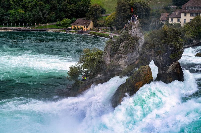 Tourists, visitors, on viewing platform, rock, middle rock, Rhine Falls Schaffhausen, waterfall, Canton Schaffhausen, Switzerland