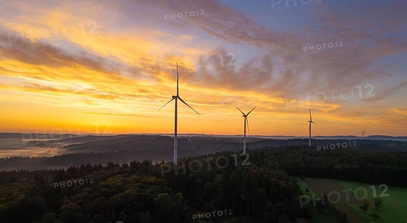 Wind turbines above a rich forest landscape at sunrise with a yellow pastel sky, near Schorndorf, Rems-Murr district, Rems-Murr-Kreis, Baden-Württemberg, Germany