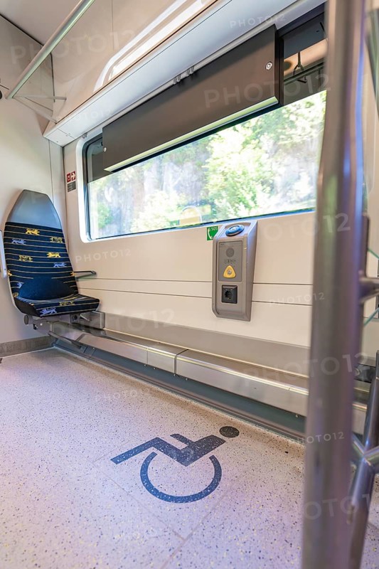 Train compartment with marked area for wheelchairs, battery Electric train with green electricity, Siemens Mireo Plus B, Freudenstadt, Germany