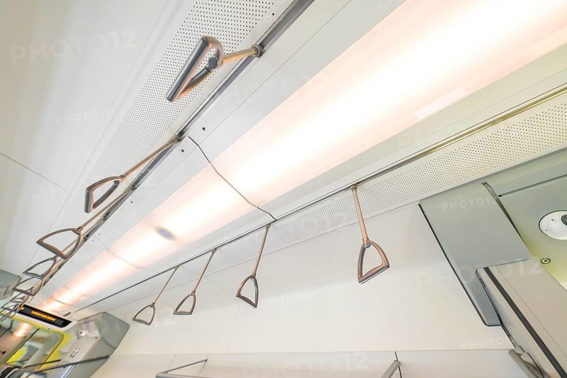 Modern ceiling lighting with grab rails in an interior, battery Electric train with green electricity, Siemens Mireo Plus B, Freudenstadt, Germany