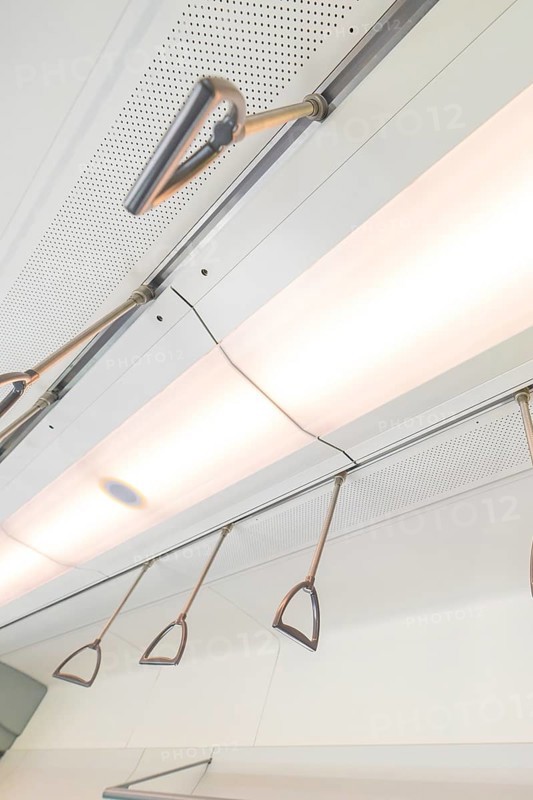 Ceiling view with lighting and grab handles in a modern vehicle, battery Electric train with green electricity, Siemens Mireo Plus B, Freudenstadt, Germany