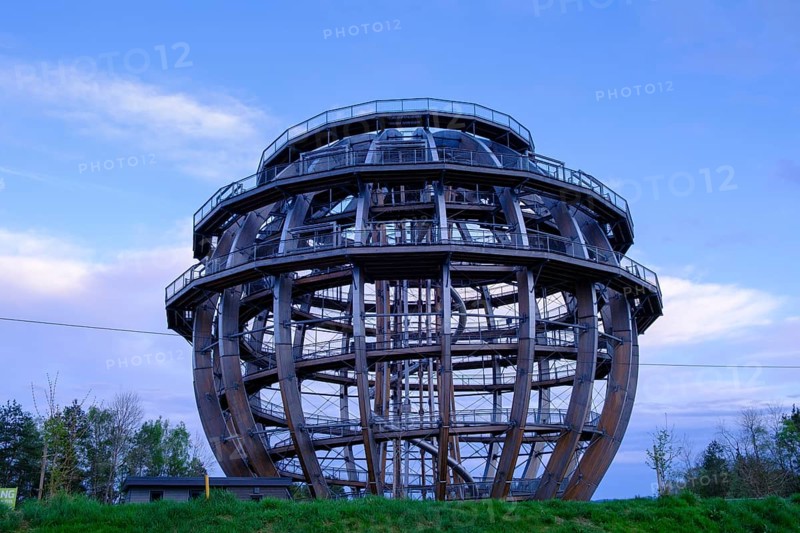 Observation tower, wooden ball on the Steinsee lake, Upper Palatinate Lake District near Wackersdorf, Upper Palatinate, Bavaria, Germany