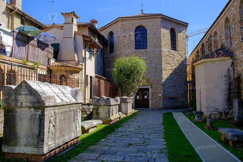 Sarcophagus at the Early Medieval Basilica di Sant'Eufemia, Grado, Julian Friuli, Adriatic Sea, Italy