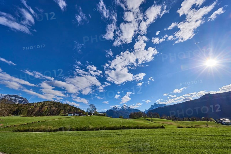 Landscape photography, mountain landscape, mountain Watzmann, Hochkalter, mountains, meadow, coniferous forest, trees, backlight of the sun, blue sky, cumulus clouds, Bischofswiesen, district Berchtesgadener Land, Bavaria, Germany