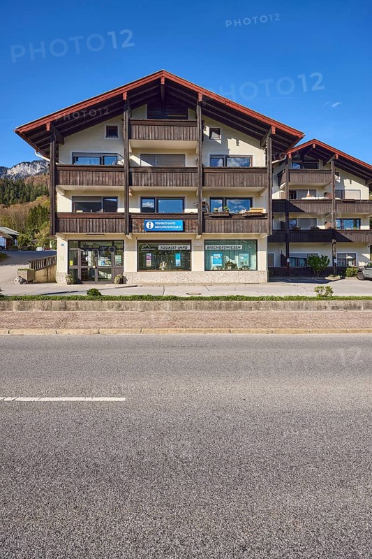 Tourist information, house, building, street, car park, blue sky, cumulus clouds, federal road 20, main road, Bischofswiesen, district Berchtesgadener Land, Bavaria, Germany