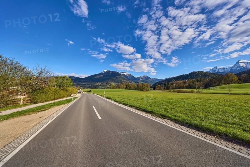 Road, centre line, meadow, landscape, mountain landscape, mountains, hills, trees, forest, blue sky, cumulus clouds, Aschauerweiherstraße, Bischofswiesen, district Berchtesgadener Land, Bavaria, Germany