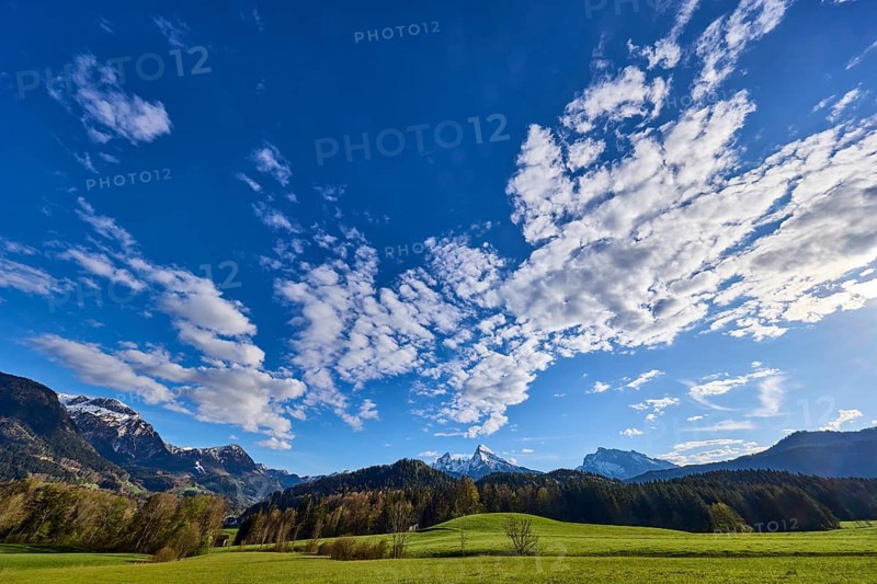 Weather, clouds, sky, landscape, mountains, meadow, coniferous forest, blue sky, cumulus clouds, Bischofswiesen, district Berchtesgadener Land, Bavaria, Germany