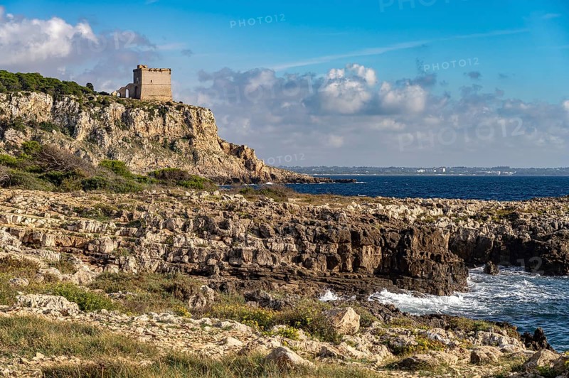 The Torre dell'Alto watchtower on the coast of the Porto Selvaggio nature reserve, Santa Caterina, Nardo, Apulia, Italy