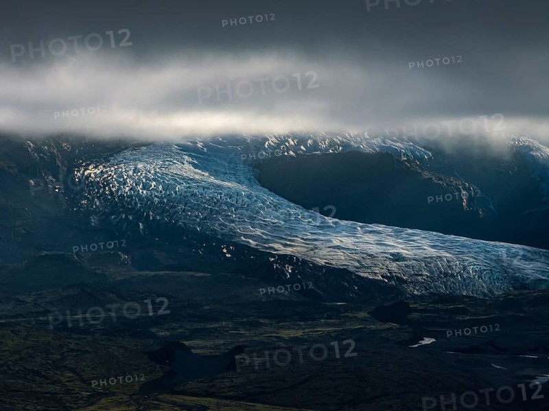 Glacier, glacier tongue, mountains, cloudy, summer, evening mood, aerial view, Fjallsjökull, Vatnajökull National Park, Iceland