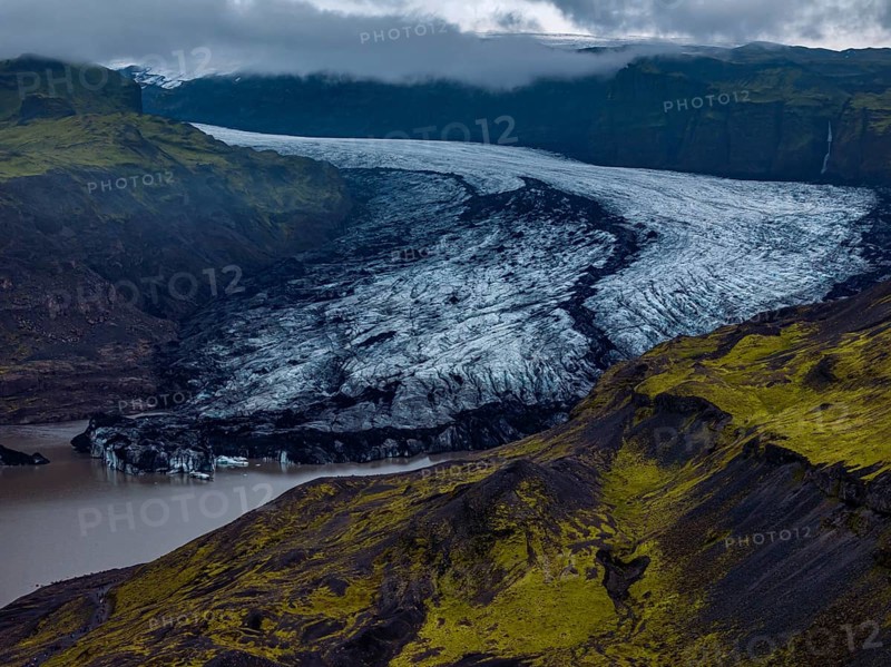 Glacier, glacier tongue, lake, mountains, cloudy, rainy, summer, aerial view, Myrdalsjökull, Iceland
