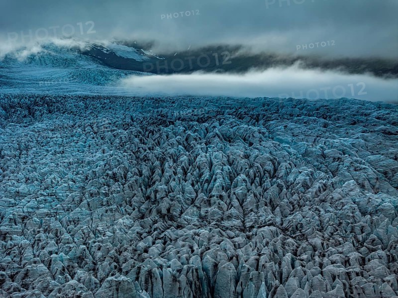Glacier, glacier tongue, summer, evening mood, clouds, aerial view, Fjallsjökull, Vatnajökull National Park, Iceland