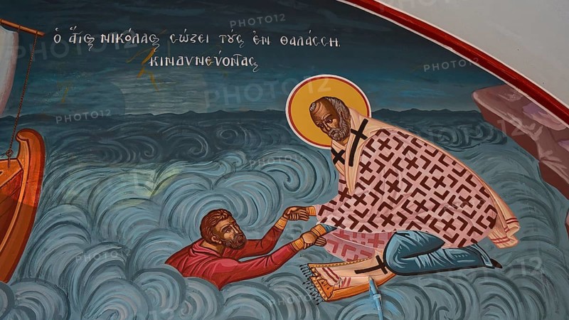 Orthodox wall painting of a rescue in the water by a saint, Chapel of Agios Nikolaos, harbour, Kolymbia, Rhodes, Dodecanese, Greek Islands, Greece