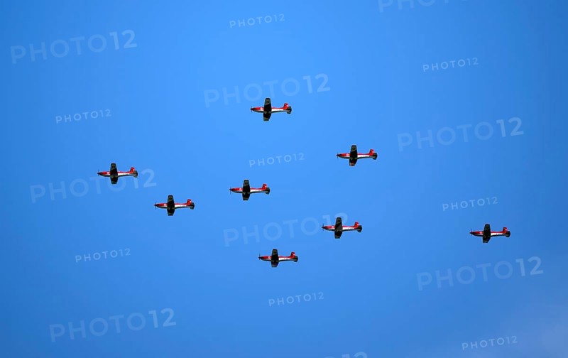 Formation flight of the Swiss Air Force Squadron Pilatus PC-7 TEAM, Grosswangen, Canton Lucerne, Switzerland