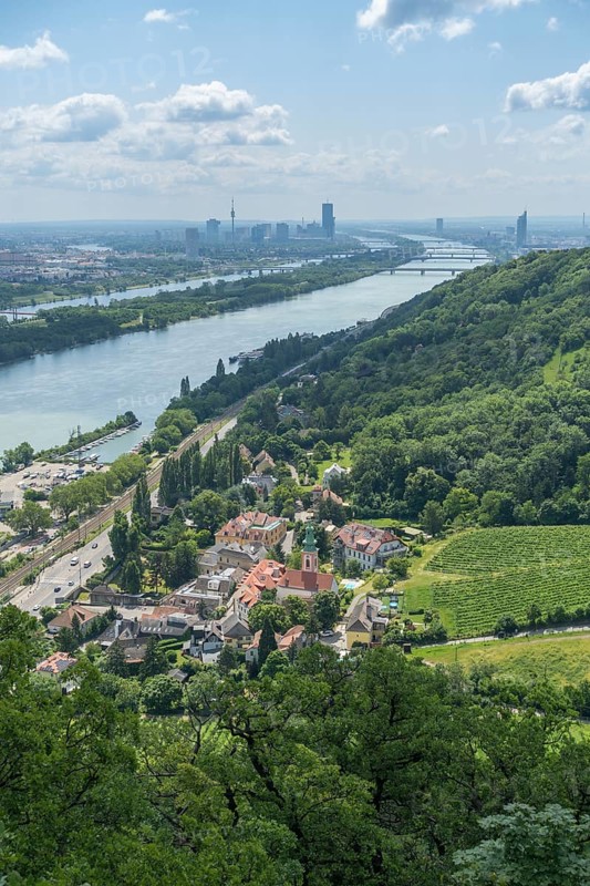 Viewpoint on the way to Leopoldskirche with a view of Kahlenbergdorf and the Danube in the background Danube Tower, Vienna, Austria