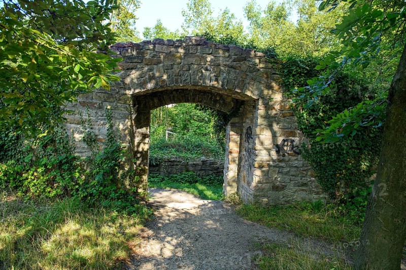View from the former castle courtyard to the former castle gate entrance to the historic curtain wall of today's Isenburg castle ruins, Schellenberger Wald, Essen, North Rhine-Westphalia, Germany