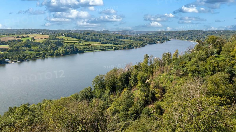 Bird's eye view of Lake Baldeney and Schellenberger Wald mixed forest in front, Essen, North Rhine-Westphalia, Germany