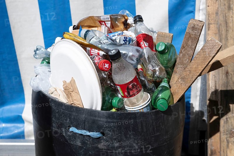 Waste bin with paper plate, pet bottles and wood, Switzerland