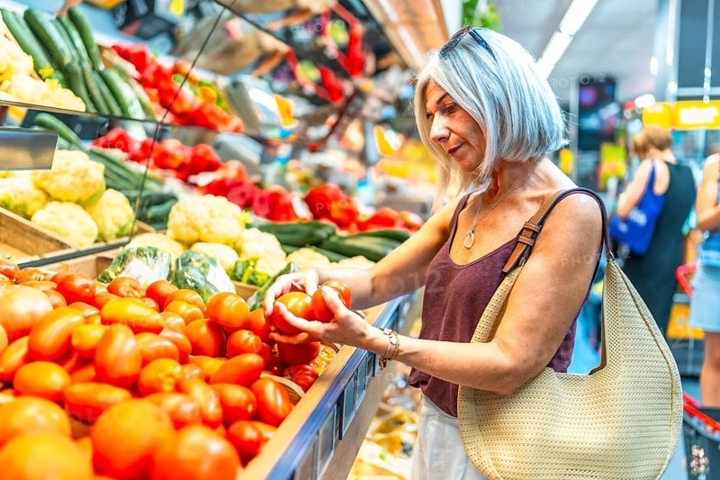Senior woman carefully selecting fresh tomatoes from a vibrant display in a supermarket's produce section, surrounded by colorful vegetables
