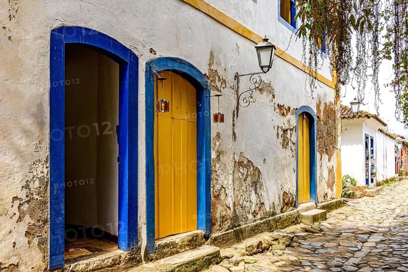 Houses in the historic city of Paraty, founded during the Brazilian Empire, on the coast of Rio de Janeiro state, Brazil
