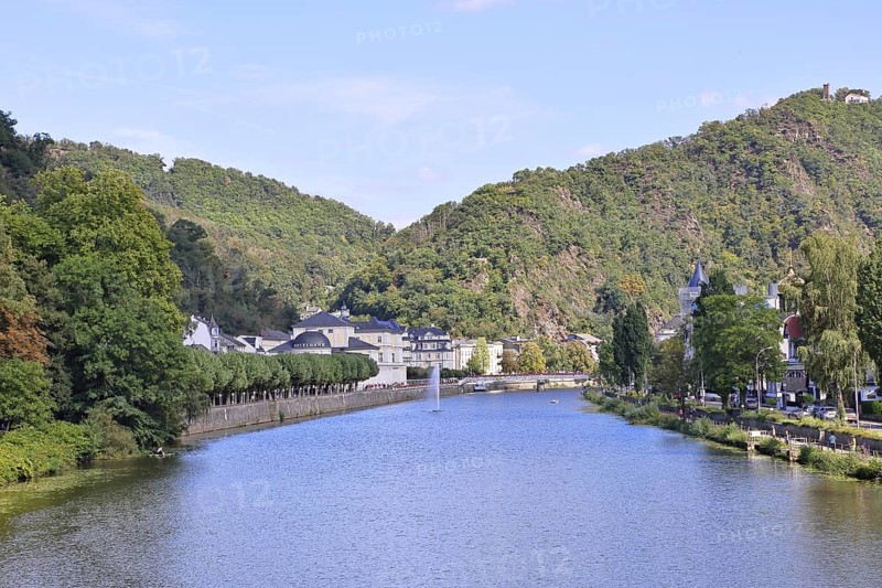 Baroque UNESCO casino and riverside promenade on the Lahn with fountain, Bad Ems, Rhineland-Palatinate, Germany