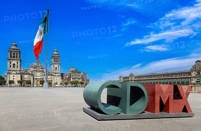 Zocalo Constitution Square in Mexico city, landmark Metropolitan Cathedral and National Palace