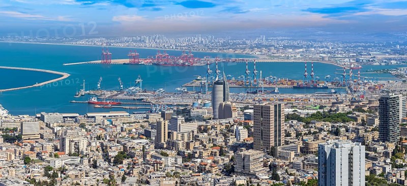 Israel, panoramic skyline view of Haifa downtown, port and historic center