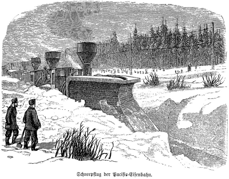 Snow plough of the Pacific Railway, Pacific Railway, North America, metre-high snow, several steam locomotives, spectators, coniferous forest, telegraph poles, historical illustration 1858