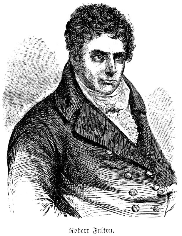 Portrait of Robert Fulton (1765-1815) American engineer, inventor of the steam engine, submarine Nautilus, serious, optimistic look, jacket, frilled shirt, historical illustration 1858