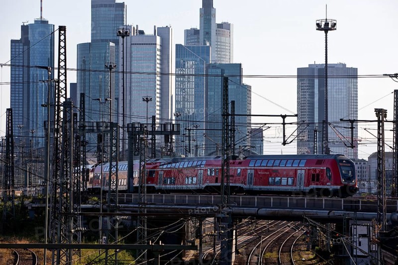 Elevated city view with Main-Spessart-Express and skyscrapers, Frankfurt am Main, Hesse, Germany