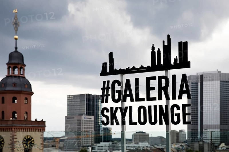 View of the Gallaria Skylounge sign with St Catherine's Church and the banking district with the skyline, Frankfurt am Main, Hesse, Germany
