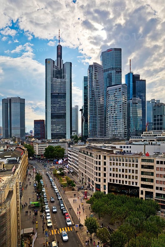 View from St Catherine's Church of the banking district with the skyline of Frankfurt am Main, Hesse, Germany